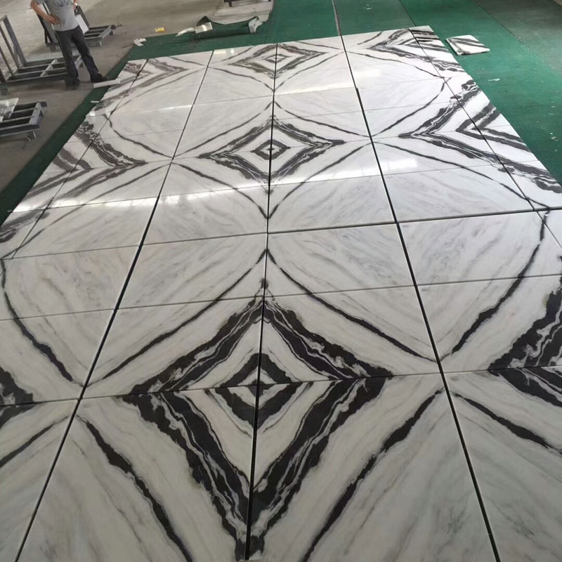 panda white marble bookmatched tiles