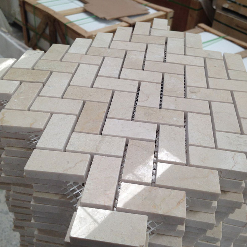 Beige Crema Marfil Marble Long Herringbone Pattern Polished Mosaic Tile