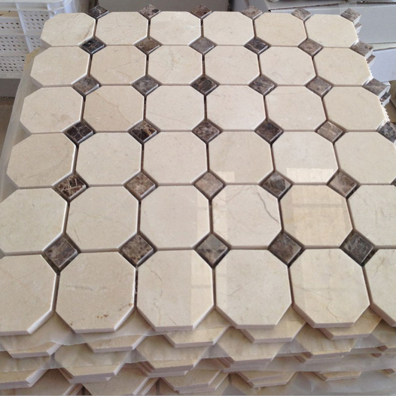 Crema Marfil Marble 2x2 Octagon Cream with Black Dot Polished Mosaic Tile