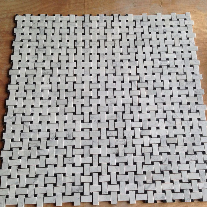 Carrara Marble Italian White Bianco Carrera Honed 1 x 2 Basket Weave Mosaic w Black Dots Wall Floor Tiles