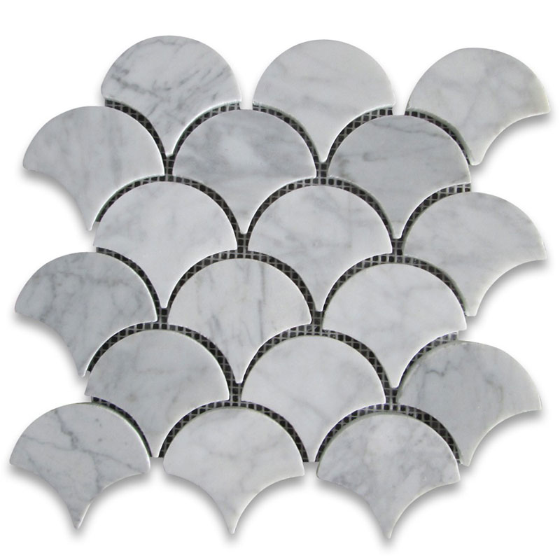Premium Grade Carrara White Fish Scale Fan Shaped Mosaic Tile Polished