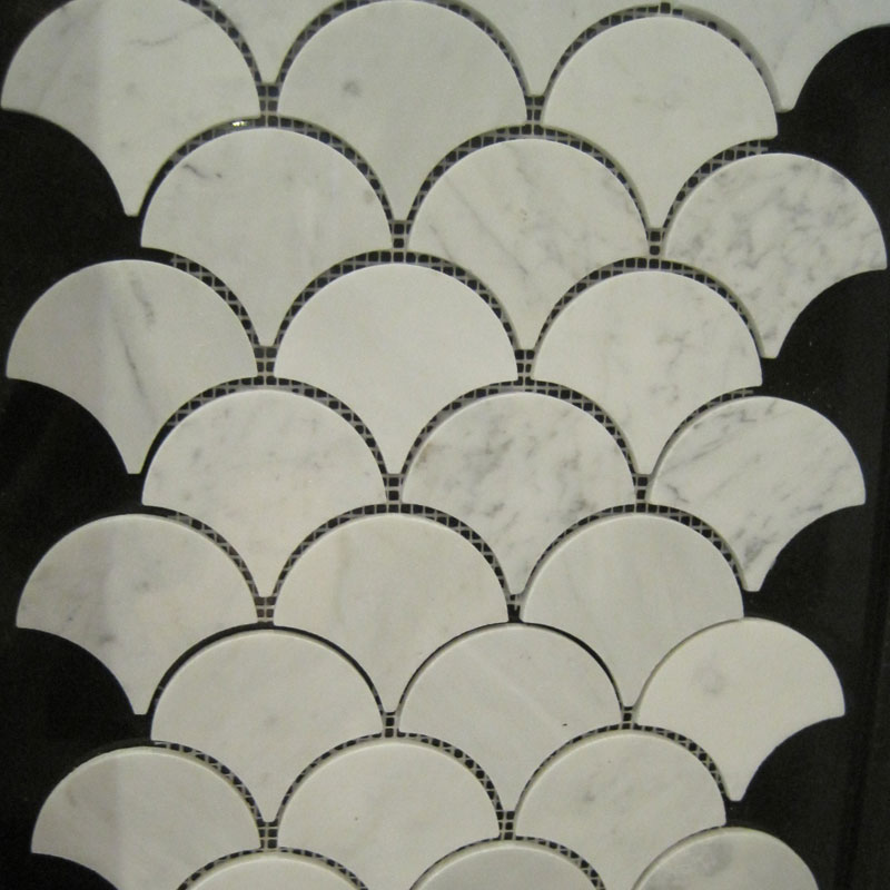 Carrara White Italian Carrera Marble Grand Fan Shaped Fish Scale Mosaic Tile Honed