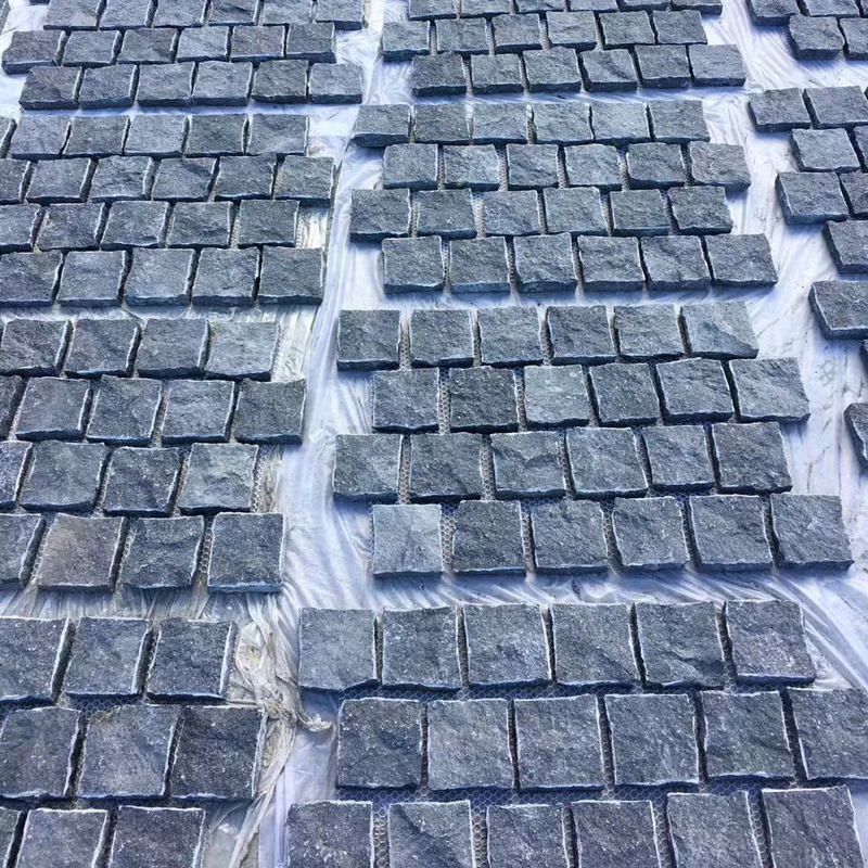 split surface black granite cobble meshed for patio